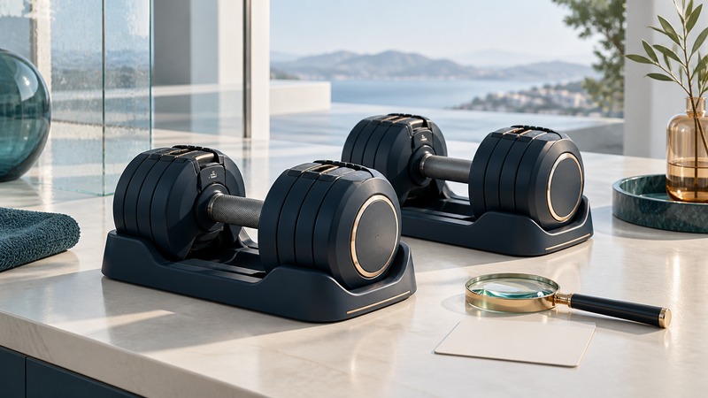 Two navy adjustable dumbbells rest in cradles beside a magnifying glass and blank identification card.