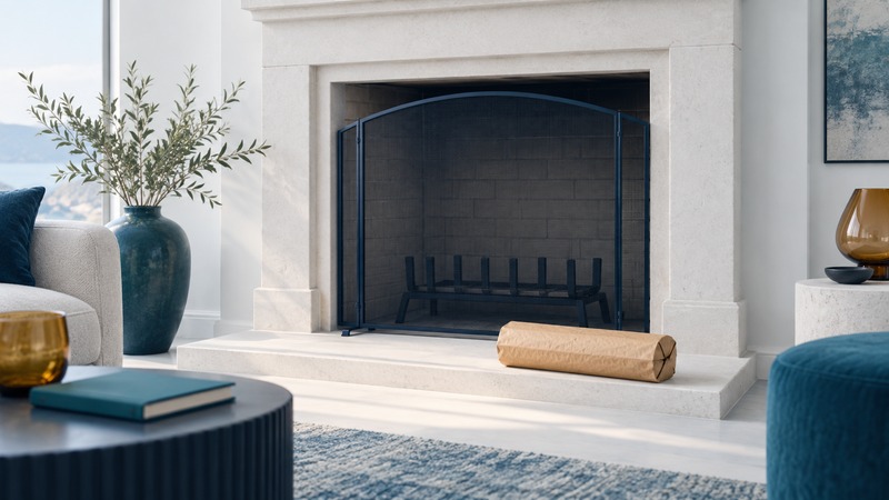 An unlit fireplace behind a navy screen with an unbranded wrapped firelog resting separately on the hearth.