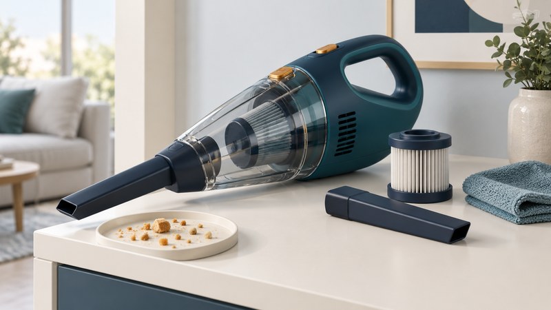 A teal handheld vacuum with a transparent bowl beside a separate filter, crevice accessory, cloth and a small tray of dry crumbs.