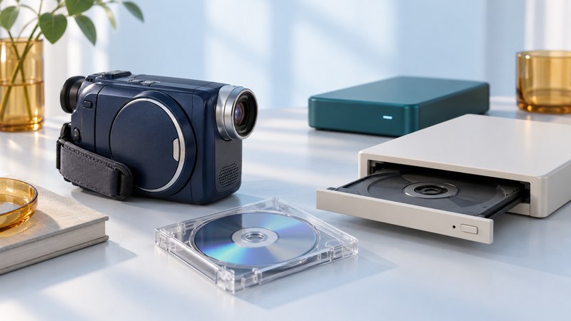 A DVD camcorder, small optical disc in its case, tray-loading drive and backup drive sit on an ivory surface.