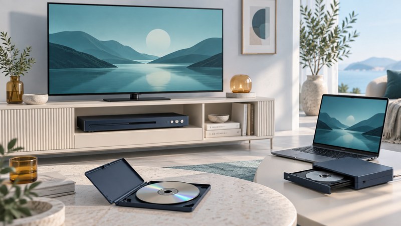 A DVD player beneath a television and an alternative laptop with an external optical drive.