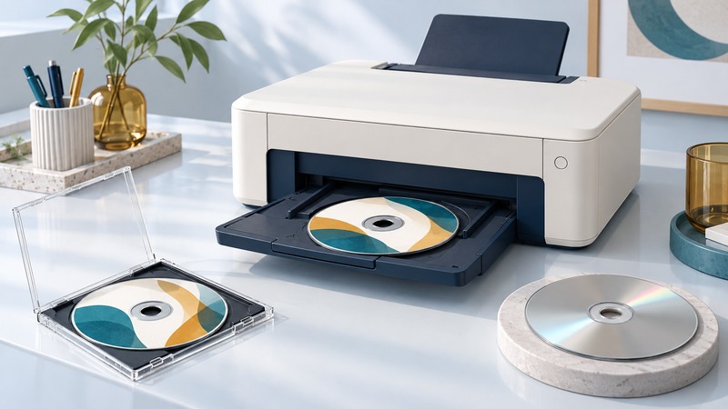 Disc printer with an abstract patterned disc in its tray and a matching disc case