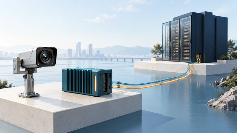 Camera and nearby edge server connected conceptually to a more distant server cabinet.