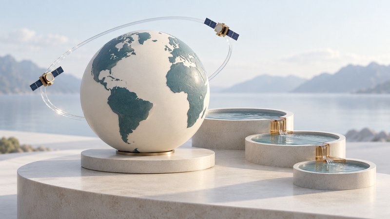 A conceptual globe with two model satellites and three connected water basins.