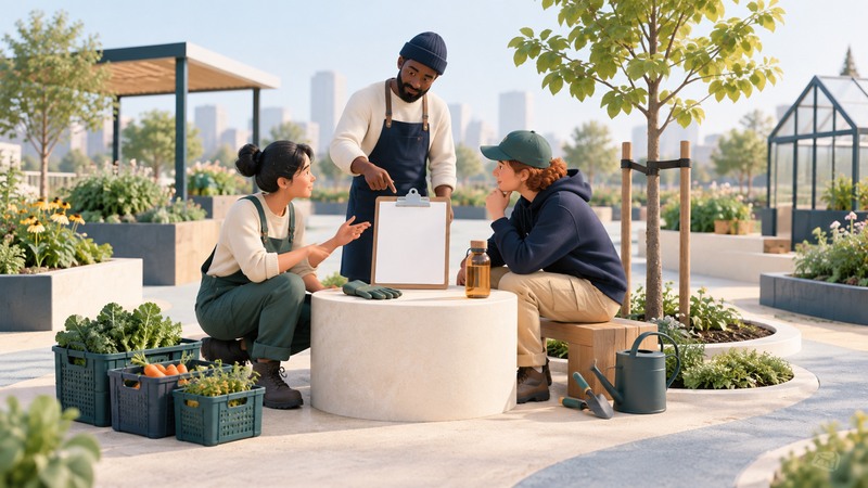 Three volunteers discuss a blank planning sheet beside garden beds, reusable baskets and a young tree.