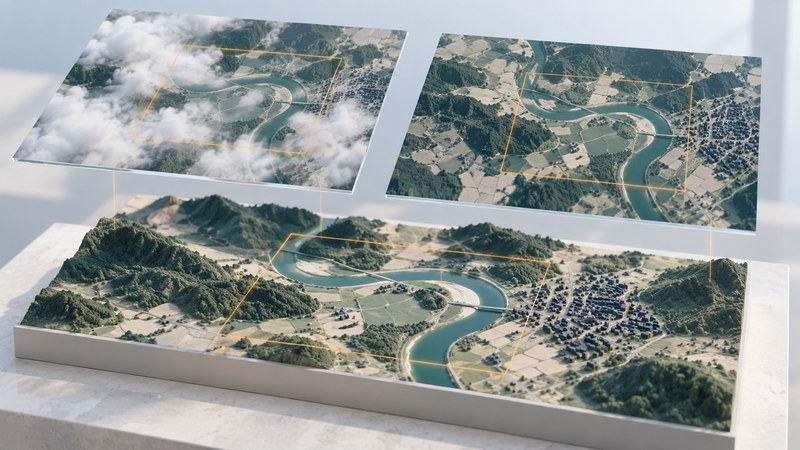 Two conceptual aerial image panels, one partly clouded, above a terrain model with a river and fields.