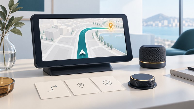 A navy navigation display, speaker, rotary control and task cards sit on a pale desk.
