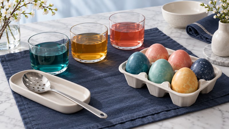 Three cups of dye, a slotted spoon, and six colored eggs arranged on a navy cloth.