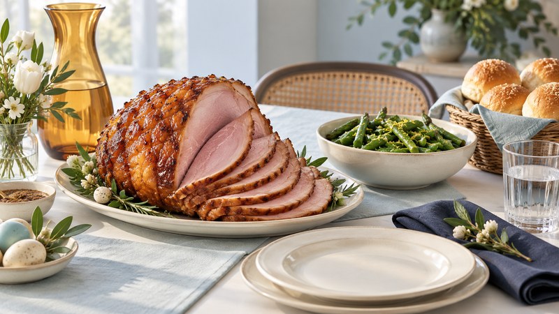 A glazed sliced ham on an ivory platter with green vegetables, rolls, plates, and a navy napkin.