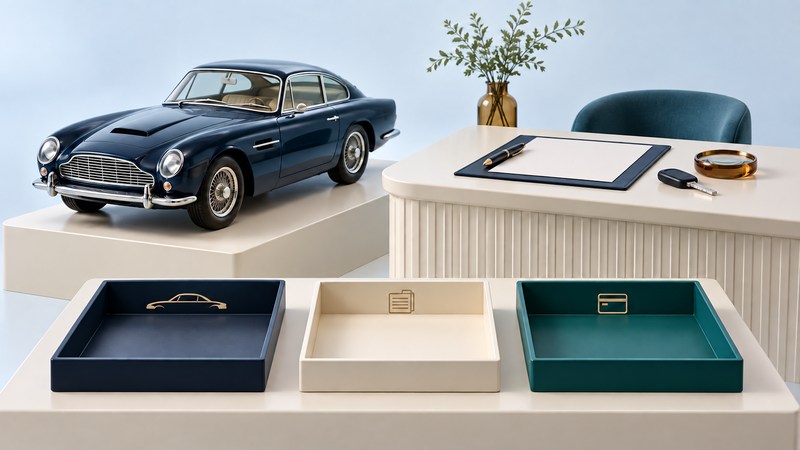 A classic car model sits beside a contract desk and separate trays representing vehicle, paperwork and payment.