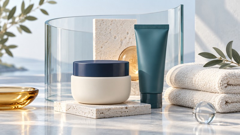 Moisturizer containers and folded towels beside a translucent shield in a calm bathroom setting.
