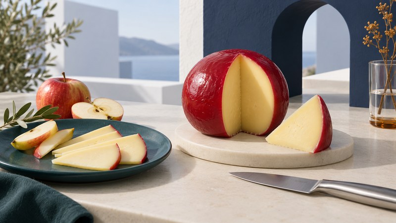 A red-wax Edam ball with a cut wedge, slices and apple pieces on ivory and teal dishes.