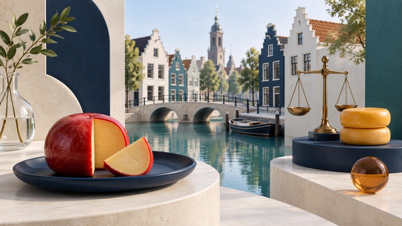 A conceptual Dutch canal scene with stepped-gable houses, weighing scales and an Edam cheese wheel.