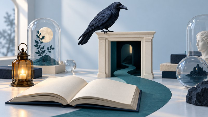 A navy raven perches above an ivory doorway, with an open book, lantern, and winding teal path.
