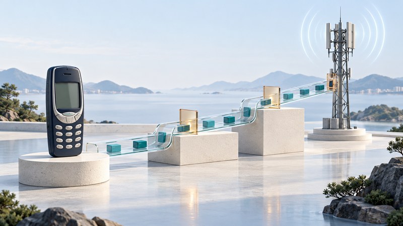 An early mobile phone and cellular tower beside stepped glass communication channels.