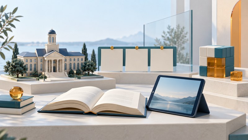 An open book and tablet sit beside a miniature college building, lesson cards and a cube teaching model.