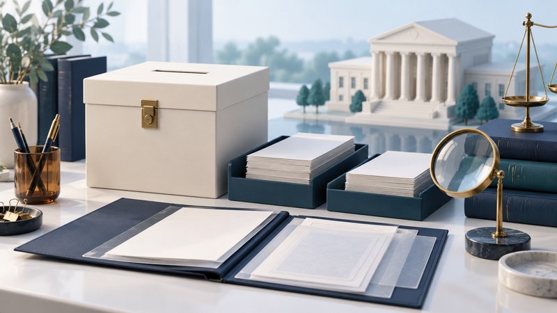 An archival ballot box, ballot papers and an ivory courthouse arranged on navy and teal platforms.