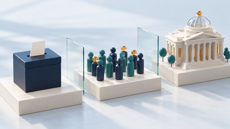 A ballot box, grouped elector tokens and an assembly building stand on three ivory platforms.