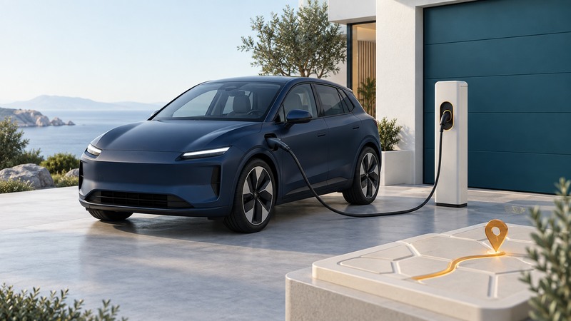 Navy electric car connected to an ivory home charger beside a small route model.