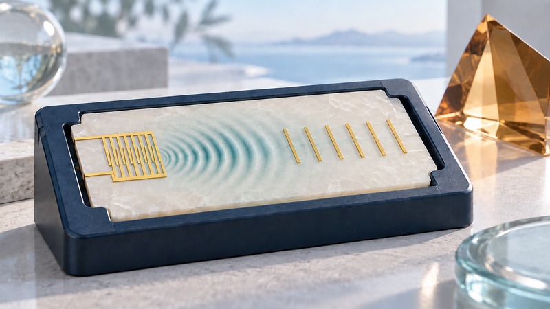 A conceptual crystalline SAW wafer carries a fine gold transducer pattern and separate reflector strips.