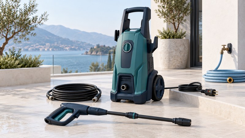 An idle teal electric pressure washer with separate high-pressure hose, spray lance, garden hose and an unplugged power cord.