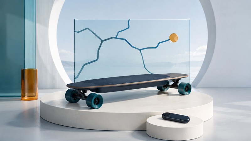 An electric longboard and handheld remote beside an abstract route on a glass panel.
