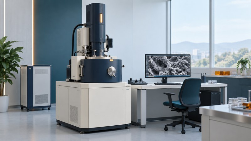 A conceptual scanning electron microscope has an electron column over an enclosed specimen chamber beside a monitor.