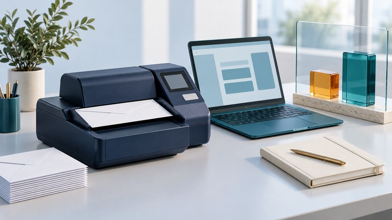 A conceptual navy postage meter, teal laptop, envelopes and notebook represent office postage management.