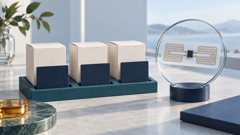 Three cartons sit in separate slots beside blank identity tiles and a magnified conceptual RFID inlay.