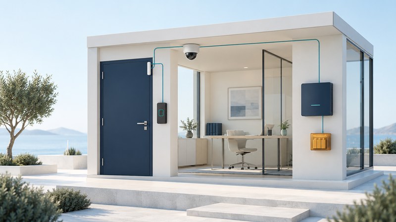 An ivory office model with a navy door, camera, reader and control panel connected by teal paths, beside amber backup power.
