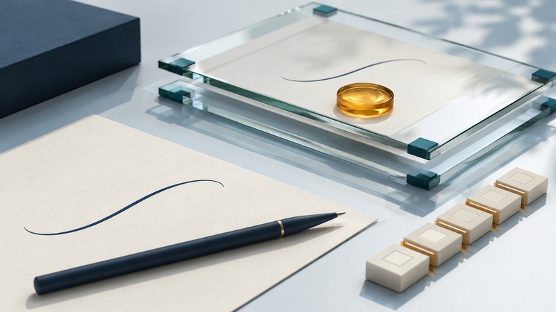 Navy stylus rests beside an ivory document with an abstract stroke; a matching document sits between glass plates with teal corners and an amber seal.
