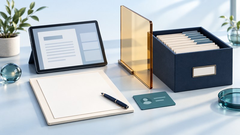 A blank document, pen, tablet and teal identity card sit beside an organized archival box.