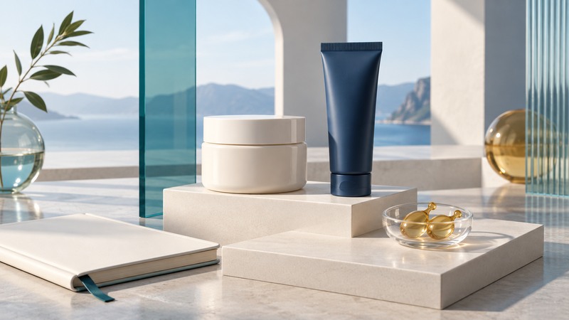 A generic ivory moisturizer jar, navy balm tube and two golden cosmetic serum capsules beside a notebook.