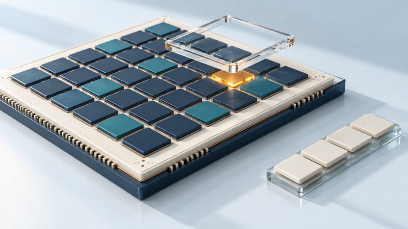 Conceptual embedded memory grid with one amber cell and separate spare cells