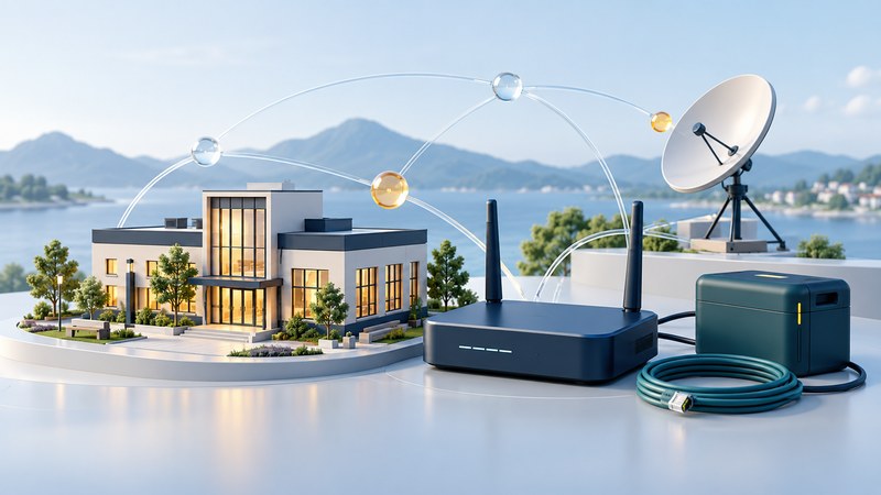 A community building model beside a router, backup power pack, cable and satellite dish.