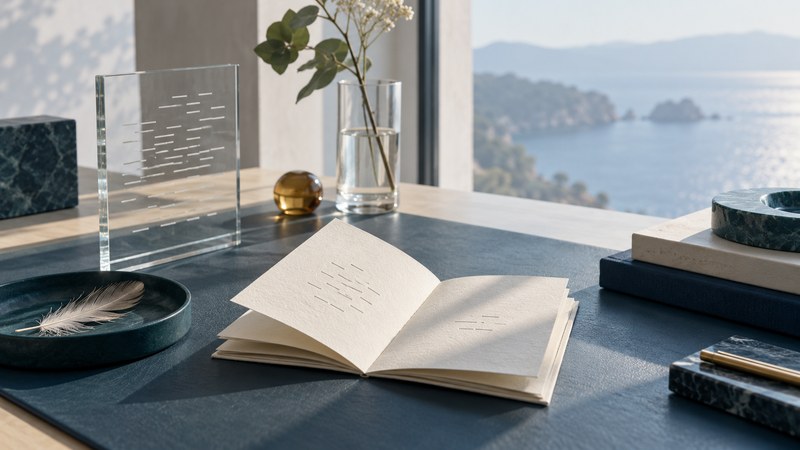 A small open booklet and feather beside a glass panel of abstract dashes.