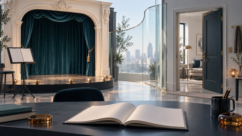 A small theater stage, an open blank script and an apartment doorway linked by a curved glass panel.