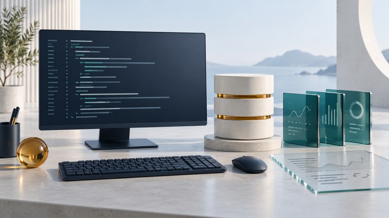 A database cylinder beside a text terminal and orderly interface tiles.