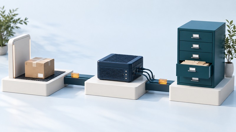 A tagged carton and panel reader, edge computer and teal record cabinet occupy connected ivory platforms with amber handoff blocks.