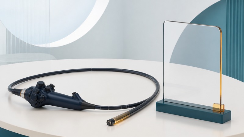 Flexible dark endoscope arranged in a calm loop beside a navy hand control and a blank glass panel.