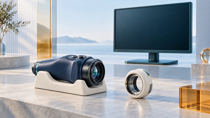 A conceptual optical camera head and separate coupler ring on ivory supports, with a blank monitor behind them.