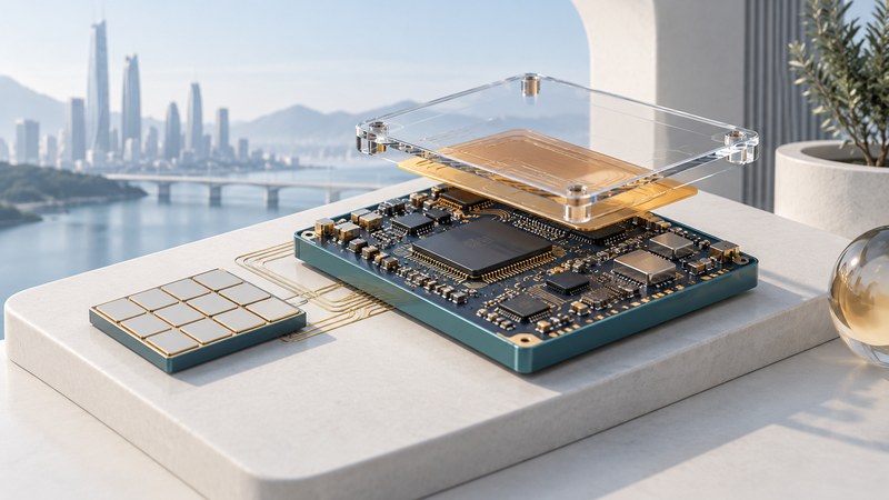 Conceptual RF board, patch antenna array and lifted transparent package layer.