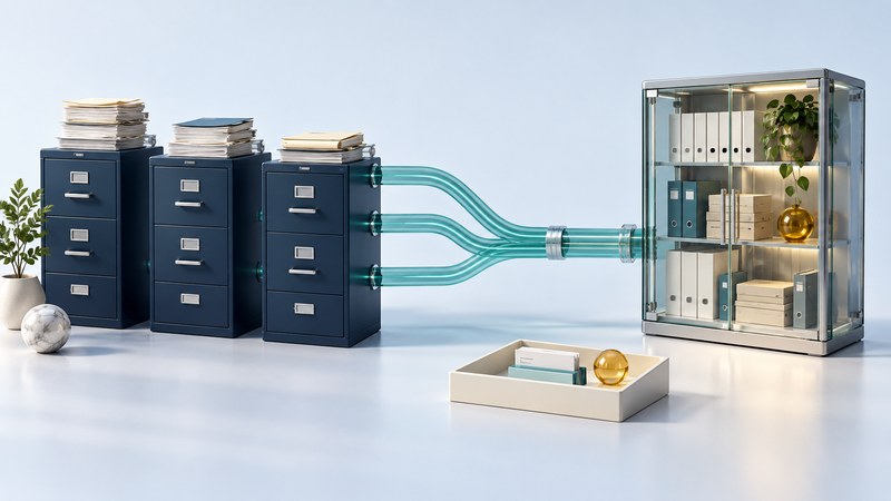 Three navy filing cabinets connect through teal channels to a glass-fronted repository, with a small pilot tray in the foreground.