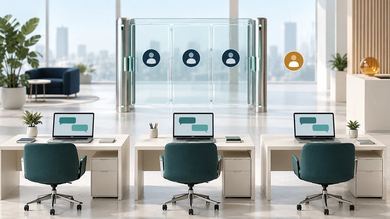 Three office laptops show abstract chat bubbles beneath a glass access gate with employee and guest tokens.