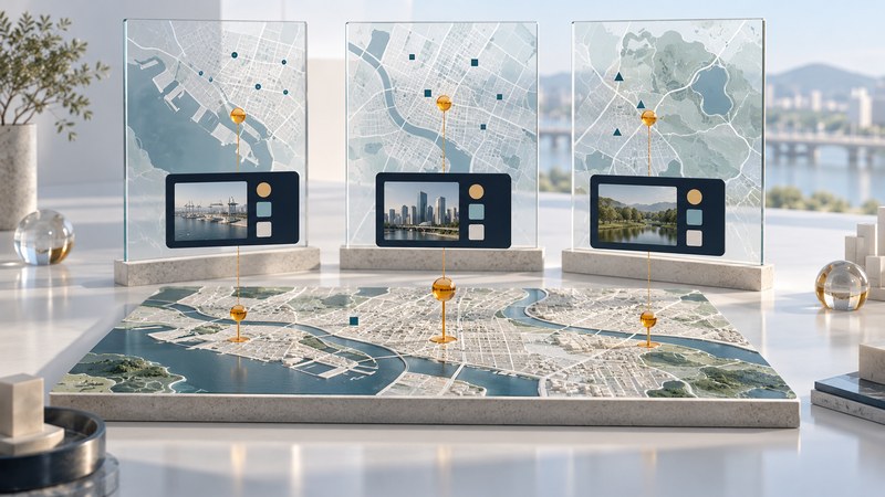 Three glass map panels and record cards connect through markers to a shared city map model.