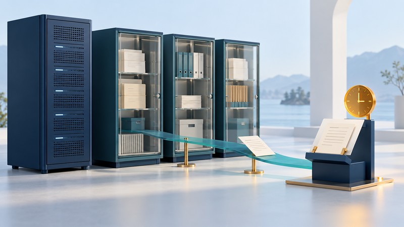 A navy storage cabinet and three protected document cases connect through a teal recovery path beside an amber clock.