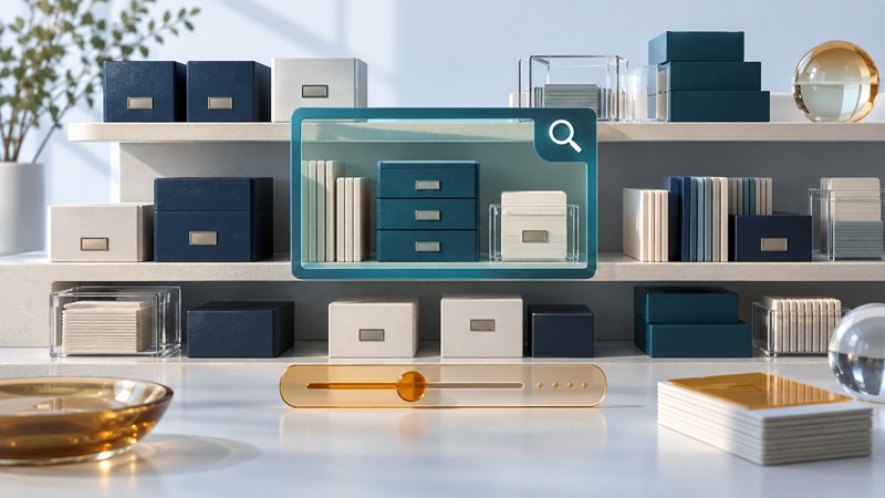 A teal search frame selects document folders and boxes from a catalog shelf.