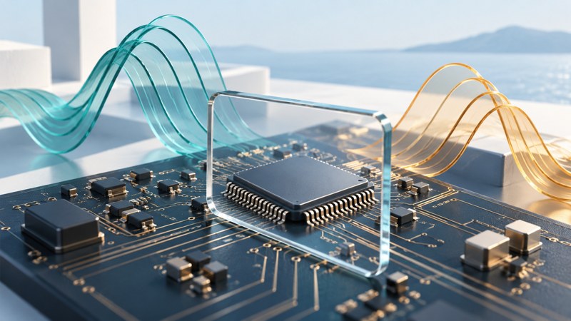 A magnifying glass highlights an unbranded radio chip on a board between teal and amber conceptual signal waves.