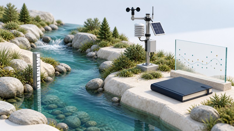 A watershed model includes a land-based weather station, stream gauge, field notebook and conceptual data panel.
