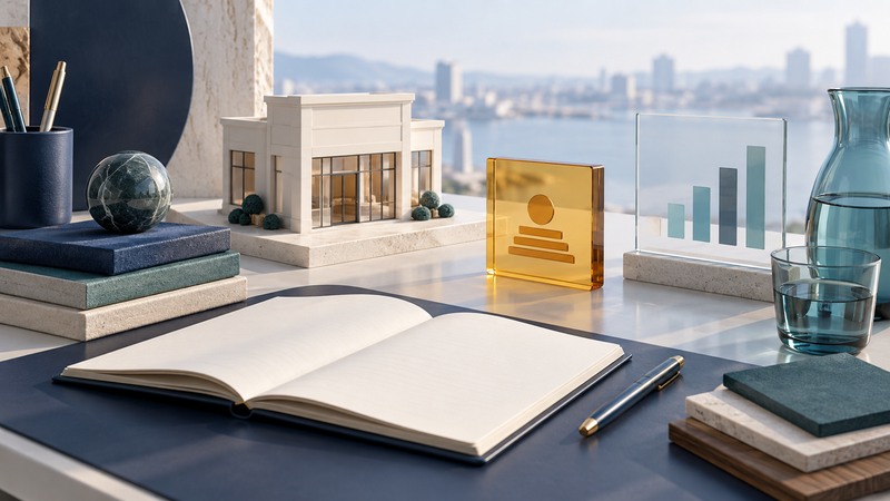 A planning desk holds a blank ledger, building model, material samples and conceptual measurement panels.